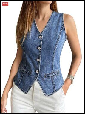 Women's Stretchy Denim Vest Sleeveless Button Down Western Jean Vest Top